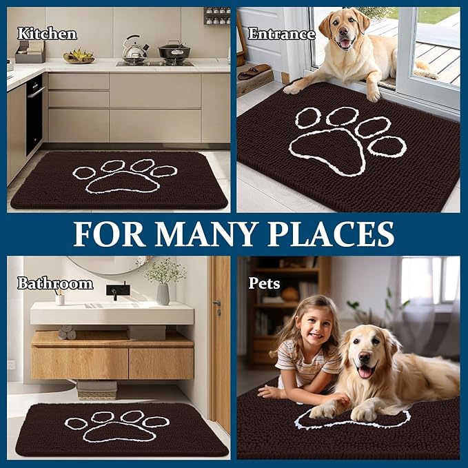 OLANLY Dog Door Mat for Muddy Paws 30x20, Paw Print Design, Absorbs Moisture and Dirt, Absorbent Non-Slip Washable Doormat, Quick Dry Chenille Mud Mat for Dogs, Entry Indoor Entryway Carpet, Brown