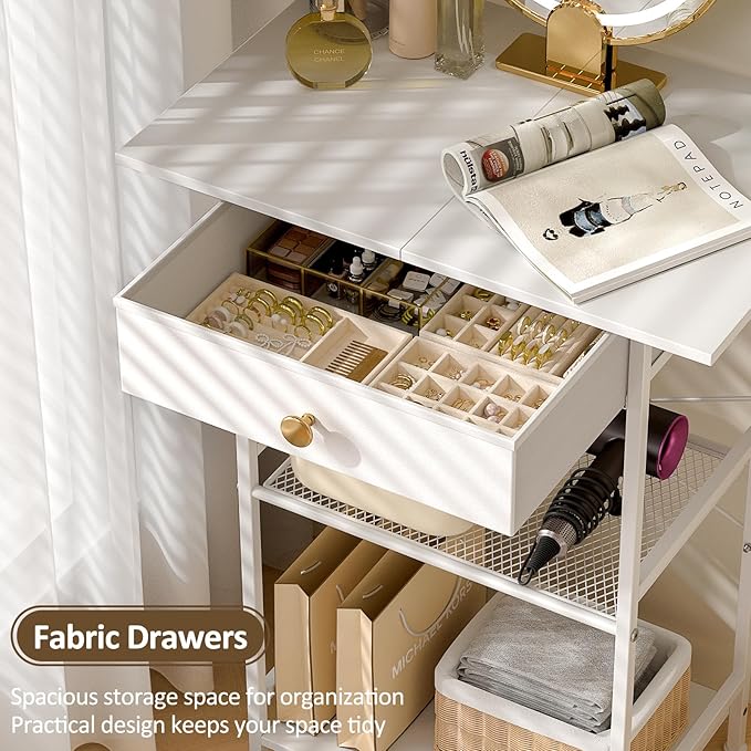Small Vanity Desk Without Mirror, Makeup Vanity Table for Small Space, Compact White Dressing Table with Fabric Drawers, Makeup Vanity with Storage for Bedroom, White, 23.6in（W）