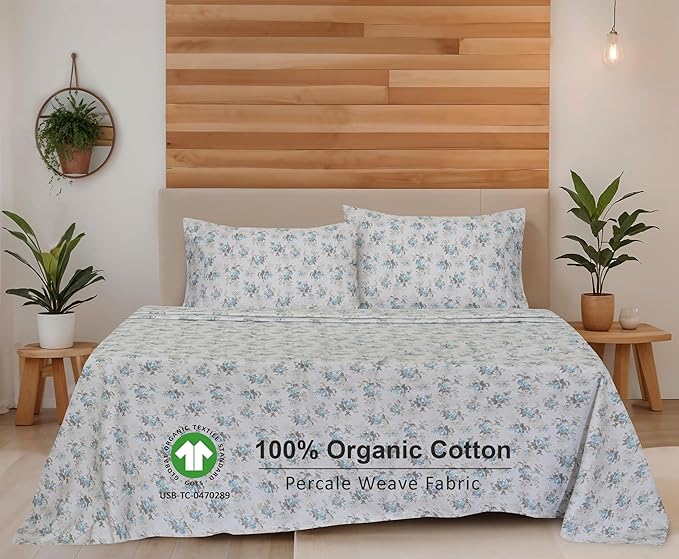 RUVANTI 100% Organic Cotton Sheets California King, Percale Weave, GOTS Certified, 4-Piece Set, Deep Pocket 13", Crisp & Breathable, Soft Durable Bedding, Sábanas Algodón Orgánico – Blue Rose