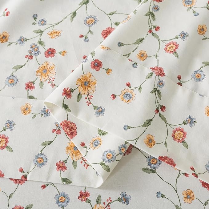 Zusbest California King Size Sheet Sets 100% Percale Cotton Off White Floral Bed Sheet, Brushed for Extra Softness, Breathable Flannel Sheets Like Pink Flower Print Deep Pocket Sheets 17.5'' 4 Pcs