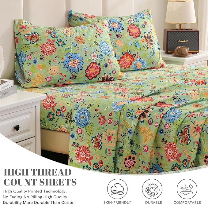 Bedlifes King Sheet Set Ultra Soft, Breathable, Silky Flower Deep Pocket 100% Microfiber Bedding, 4 Piece King Size with Floral Sage Green