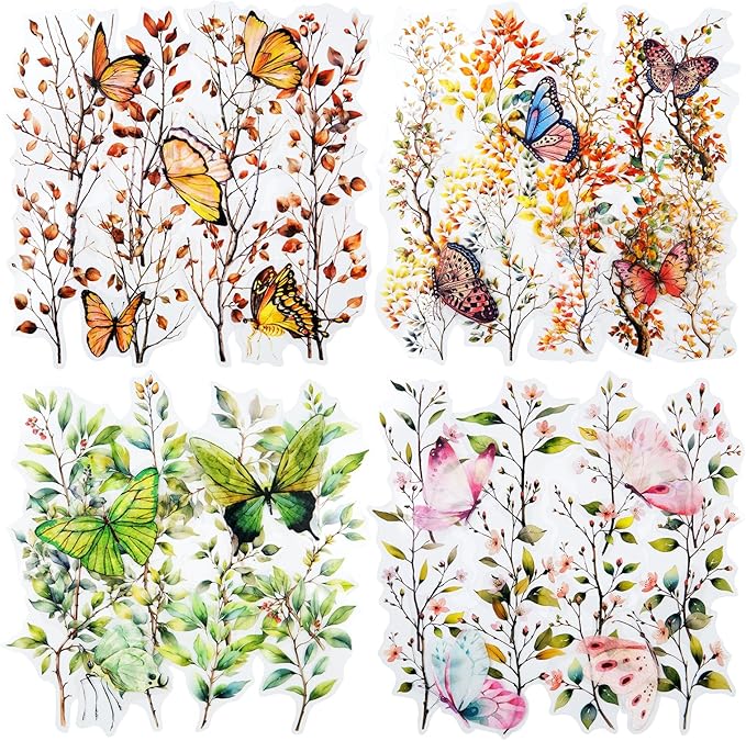 AuriicLeaf Butterfly and Branch PET Sticker Set, 118PCS Botanical Stickers for Scrapbooking, Journaling, DIY Crafts, and Planner Supplies