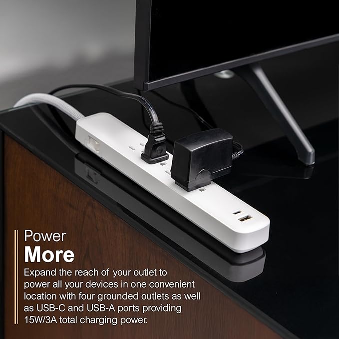 GE UltraPro 4 Outlet Surge Protector, USB-C Charging, 3 ft Designer Braided Cord, 1060 Joules, ETL Listed, White, 41354