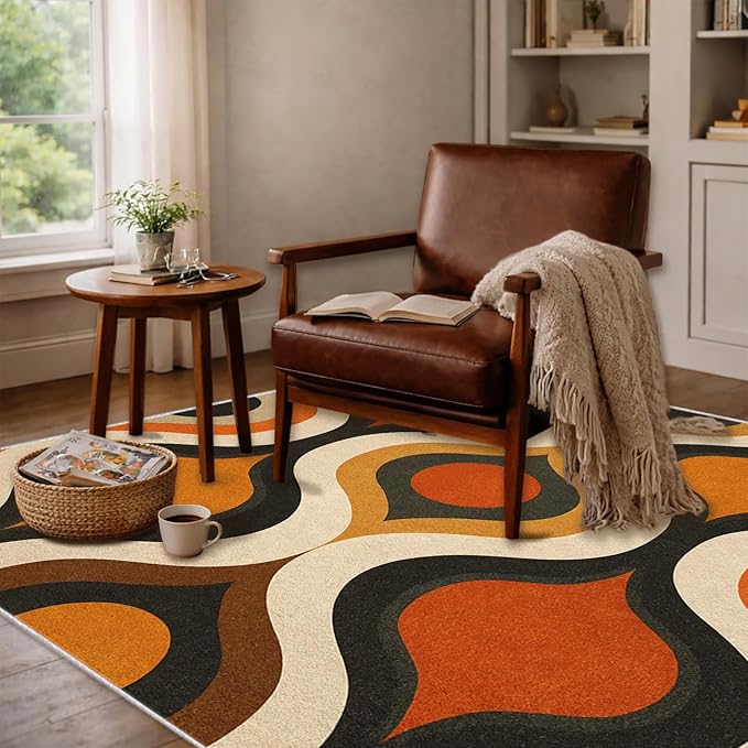 Retro Wave Area Rug 4x5, Mid-Century Modern Geometric Rug, Orange Brown Abstract Carpet for Living Room Bedroom, Soft Non-Slip Washable Rug