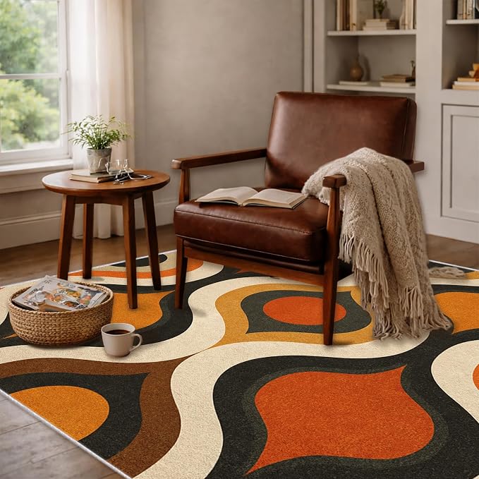 Retro Wave Area Rug 2x3, Mid-Century Modern Geometric Rug, Orange Brown Abstract Carpet for Living Room Bedroom, Soft Non-Slip Washable Rug