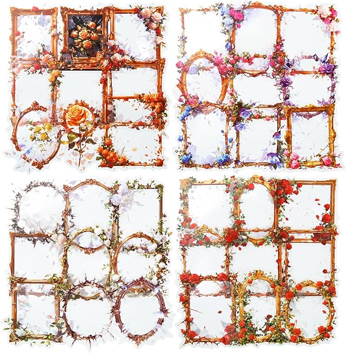 AuriicLeaf Broken Mirror Frame Stickers Set, 40PCS Gothic Rose PET Scrapbook Supplies for Journaling, DIY Crafts, and Planners
