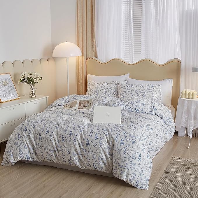 LifeTB Boho Floral Duvet Cover Twin Soft Cotton Blue Floral Bedding Sets Vintage Style Chic Flower Botanical Aesthetic Floral Comforter with Zipper Closure Twin(68''x86'')