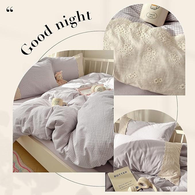 LifeTB Purple Gingham Duvet Cover King Cozy Washed Microfiber Purple Checkered Plaid Duvet Cover with 2 Pillowcases Romantic White Lace Comforter Cover 3 Pieces Gingham Grid Bedding Set