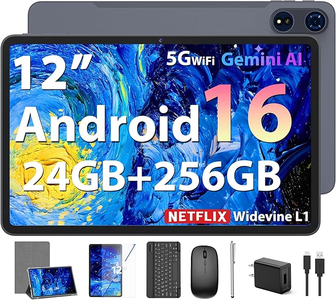JJGJ 2026 12 Inch Android 16 Tablet with Keyboard, 24GB+256GB+2TB Expand, 2K Gemini AI Tablet with 5G WiFi, Octa-Core, 8000mAh, BT5.0, 16+8MP, 2 in 1 Tablets PC with Case, Mouse, Stylus (Silver Case)