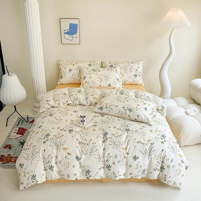 HighBuy King Comforter Sets with Floral Comforter 2 Pillowcases Vintage Chic Bedding Comforter Set Yellow Flower Lightweight Comforter King Size Quilt Blanket for Women Girl