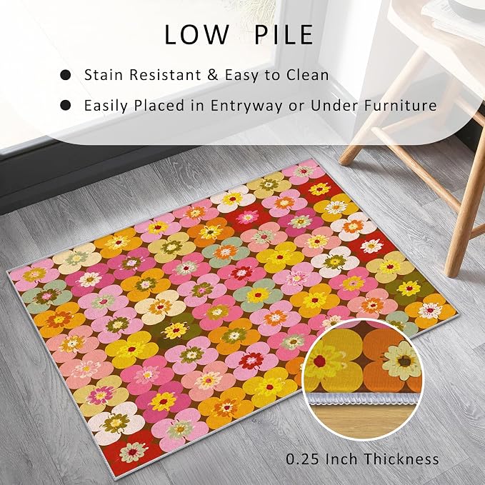 70s Floral Rugs 5x8, Retro Colorful Groovy Washable 5 x 8 Area Rug for Living Room, Bedroom, Low Pile Non Slip Stain Resistant Carpet, 70s Retro Home Decor Accessories & M844