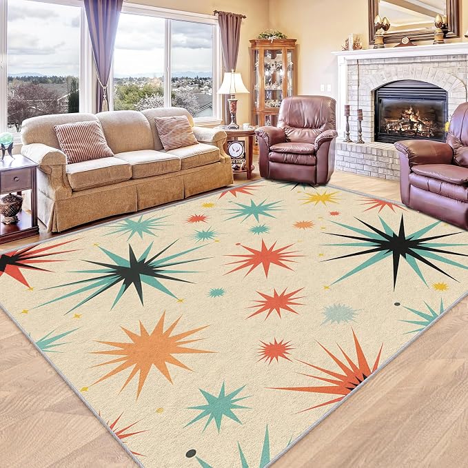 Retro Atomic Rug 6x8, Washable Mid Century Modern Rugs for Living Room Bedroom, Contemporary Geometric Area Rug for Home Decor, Non Slip Backing Floor Carpet with Gripper - 6 x 8 ft