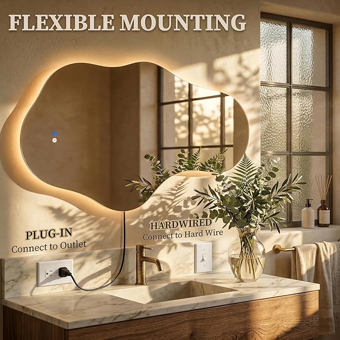 Irregular LED Bathroom Mirror with Lights, Backlit Vanity Mirror for Wall, Asymmetrical Wall Mirror, 3 Color Dimmable Anti-Fog Smart, Decorative Mirror for Bathroom, Entryway(22″ x 36″, 1 Pack)