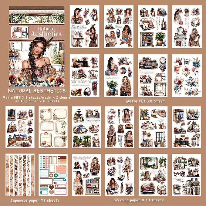 Snycler Sticker Book - 20 Sheets Vintage PET Stickers for Scrapbooking, Junk Journaling, Ephemera, and Decorative Crafts-Natural Aesthetics