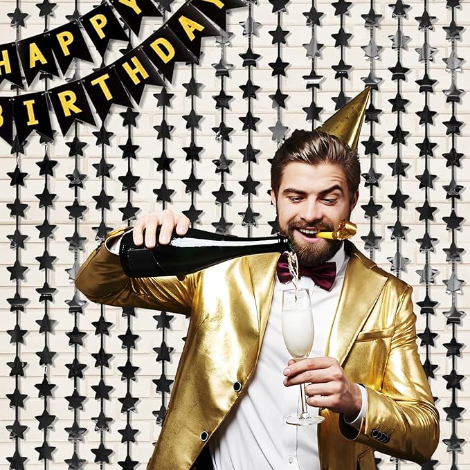 LOLStar Black Stars Birthday Decorations for New Years Eve 2026 Men Boy 2Pack 3.3X6.6ft Each Black Backdrop Star Foil Fringe Curtains for Happy to My 20s Party Supplies nye Streamers Graduation Decor