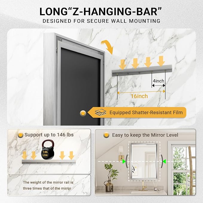 72'' x 36'' Large Beveled Silver Bathroom Vanity Mirror, Shatterproof Rectangle Silver Metal Framed Mirror for Bathroom Wall, Anti-Rust Wall-Mounted Mirror