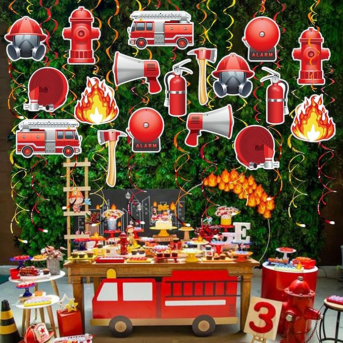 Firefighter Party Hanging Swirls, 48 Pcs,Fire Truck Party Decoration Sign,Hydrants Fire Rescue Equipment Theme Party Supplies for Birthday,Red Orange Yellow