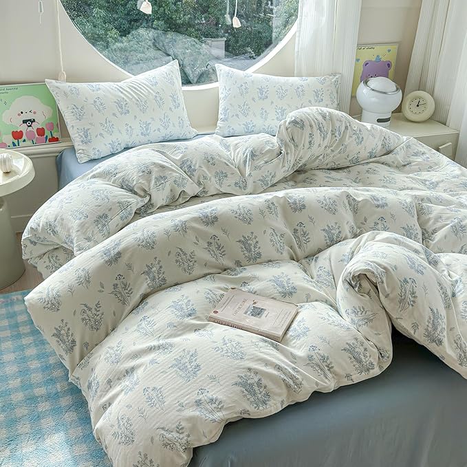 LifeTB Muslin Duvet Cover Set Queen Vintage Botanical Floral Duvet Cover 100% Cotton Linen Feel Flower Bedding Set Super Soft Gauze Comforter Cover Breathable Lightweight Cottagecore Bedding Set