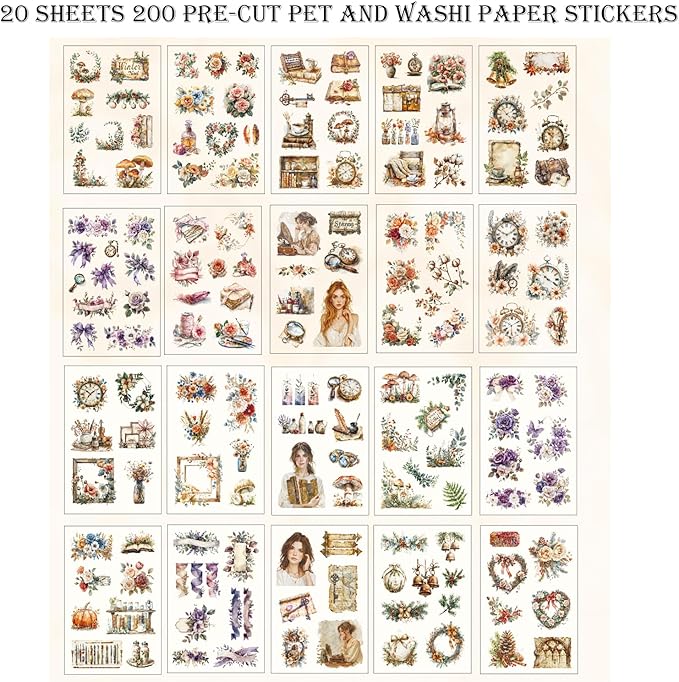 Auguro Scrapbooking Stickers 20 Sheets Pre-Cut 200 washi Stickers PET People Sticker Books for journaling Scrapbook Supplies Flower Transparent Journal Sticker