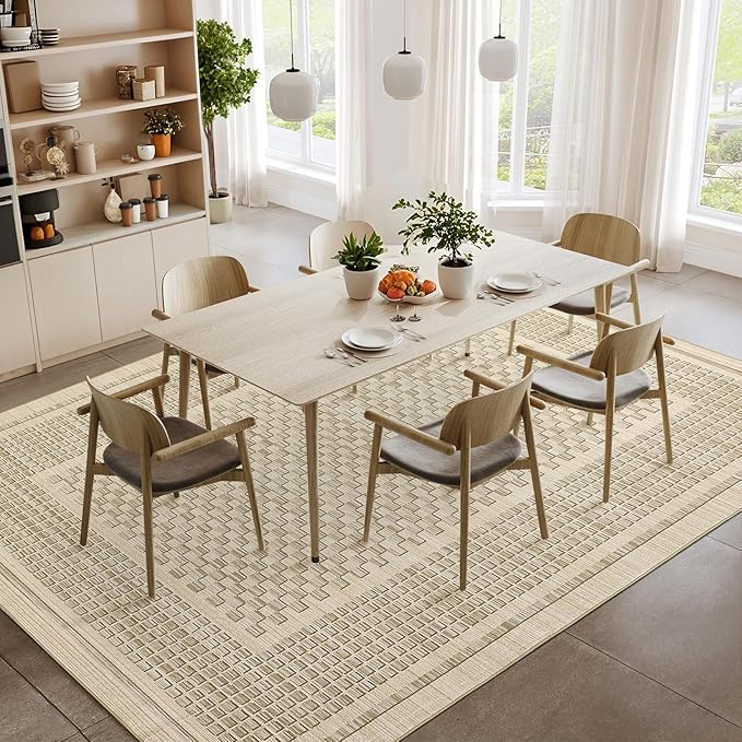 Washable Area Rugs 8x10 Rug for Living Room Modern Bedroom Rug Plaid Farmhouse Large Area Rug Non Slip Throw Rugs Soft Low Pile Stain Resistant Carpet for Dining Room 8'x10' Beige