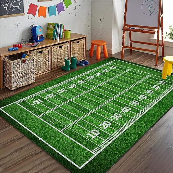 Green Football Field Area Rug, Sports Enthusiast Football Fan Non Slip Throw Rug, Machine Washable Durable Carpet for Indoor Bedroom Living Room Office Decor Rug - 5 ft x 8 ft