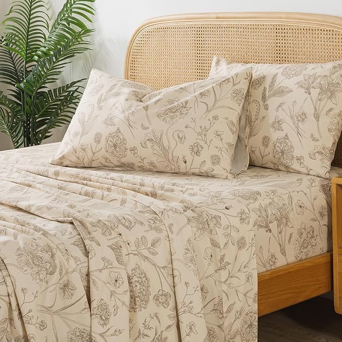 Zusbest California King Size Sheet Sets 100% Percale Cotton Beige Floral Bed Sheet, Brushed Extra Softness, Breathable Toile Flannel Sheets Like Khaki Flower Print Deep Pocket Sheets 17.5'' 4 Pcs
