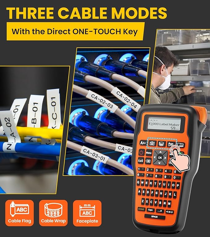 E1000 Heat Shrink Label Maker, Wire Label Maker Waterproof-Labels, Labeler Machine with 2PK 12mm 0.47 Heat Shrink Tube Tapes & 2PK Flexible ID Cable Tapes for Industrial Electrical Use