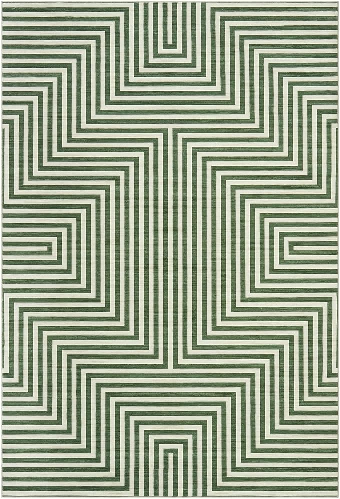 5x7 Washable Area Rugs for Living Room Modern Geometric Rug Non Slip Abstract Lines Soft Bedroom Carpet Low Pile Floor Mats for Bedroom Dining Home Office, Green