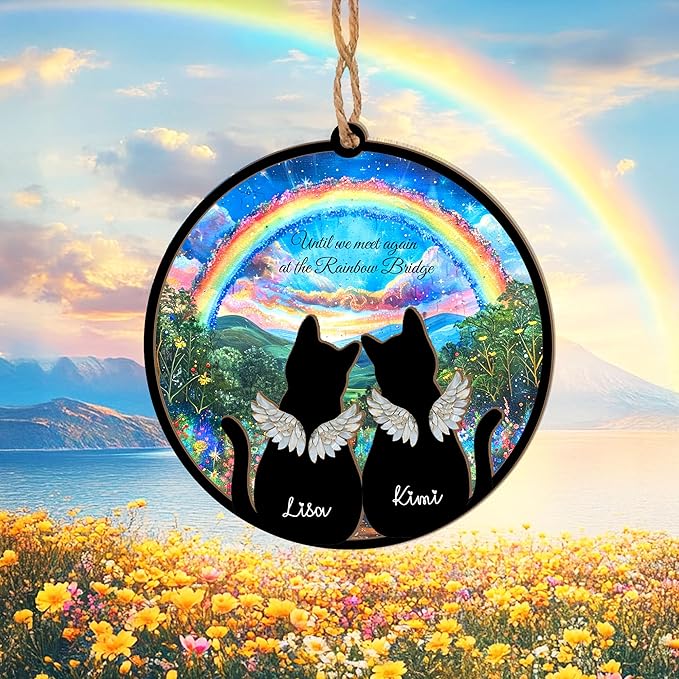 Personalized Pet Memorial Suncatcher – Custom Dog & Cat Rainbow Bridge Suncatcher with Name & Breed, Pet Loss Sympathy Gift, Memorial Keepsake for Dog & Cat Lovers (Up to 3 Pets)
