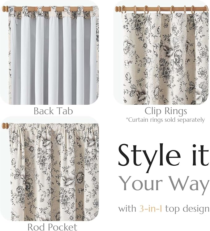 jinchan Blackout Linen Blend Curtain Floral Blackout Curtains for Living Room 63 Inch Length Black Printed with Lined Blackout Curtain for Bedroom Farmhouse Curtains Set 2 Panels