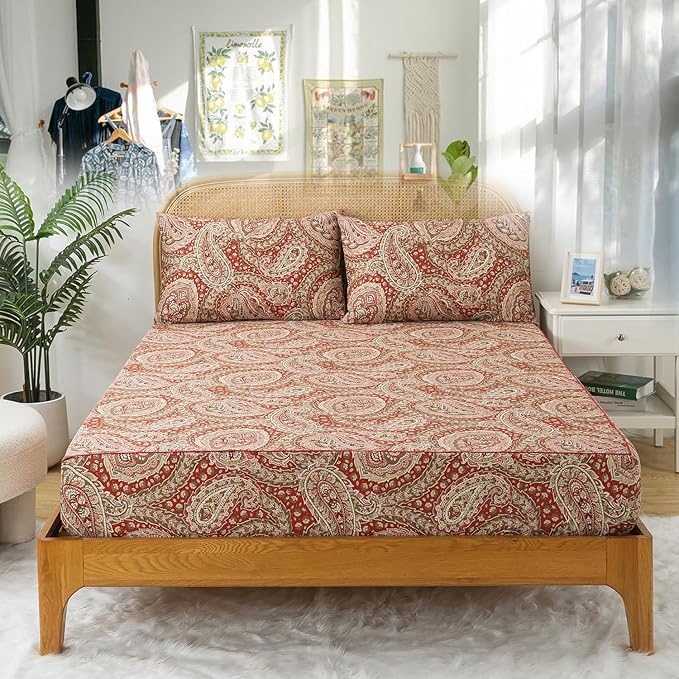 Zusbest Queen Size Bed Sheet Set 100% Cotton Burgundy Red Paisley Patterned Sheets Luxury Soft Breathable Crispy Cooling Percale Boho Bed Set Deep Pocket 17.5 Inches, 4 Pieces