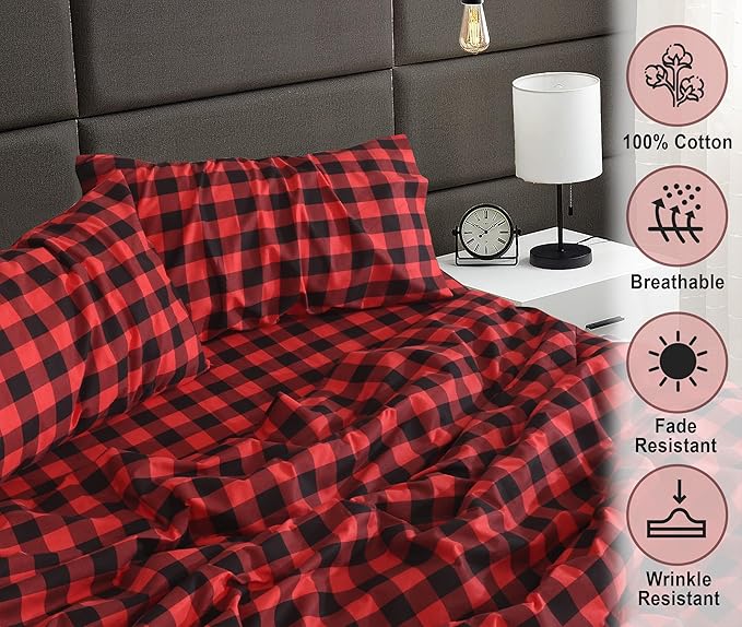 RUVANTI Flannel Sheets Full Size - 100% Cotton Double Brushed Bed Sheets Set, Deep Pockets 16 Inches, All Seasons Breathable & Extra Soft Full Sheets, Warm & Cozy, 4 Piece, Red & Black Plaid