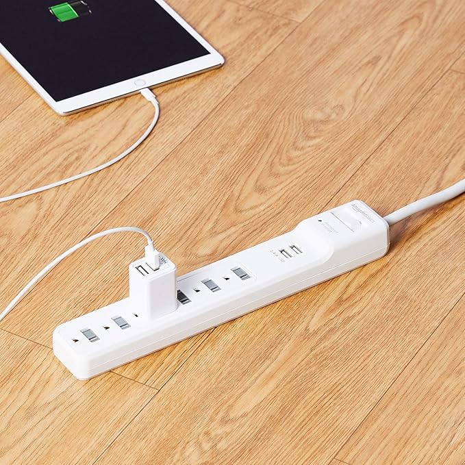 Amazon Basics Power Strip Surge Protector with 6 Outlets,2 USB Ports,1000 Joule Protection,6 Foot Extension Cord,Rectangle,White,(Pack of 6)