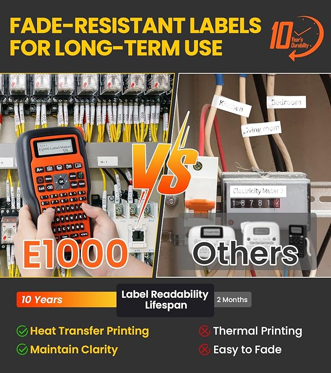 E1000 Heat Shrink Label Maker, Wire Label Maker Waterproof-Labels, Labeler Machine with 2PK 12mm 0.47 Heat Shrink Tube Tapes & 2PK Flexible ID Cable Tapes for Industrial Electrical Use