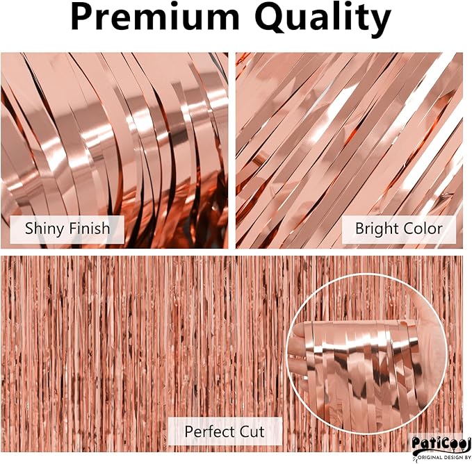 Thicken Rose Gold Streamers 4 Pack 3.2 x 8.2 FT, Tinsel Backdrop Curtains, Birthday Decorations for Women Girls, Foil Fringe Photo Backdrop for Bridal Shower, Baby Shower Party Decorations