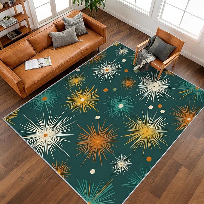 Abstract Atomic Rugs for Living Room Decor, 6x8 ft, MCM Geometric Starburst Area Rugs for Bedroom, Soft Non Slip Washable Mid Century Modern Carpet Home Decorations D-g48