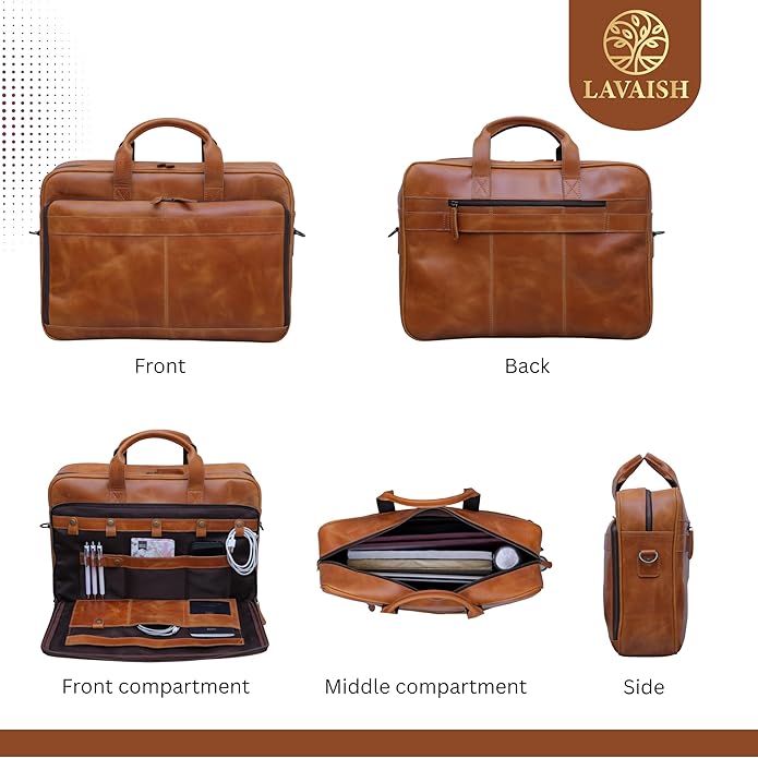 LAVAISH Handmade Full-Grain Leather Briefcase for Men & Women–17" Laptop Bag with Computer Compartment Office Satchel Bag