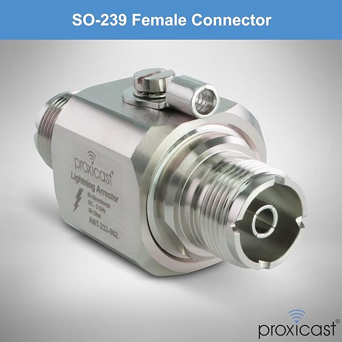 Proxicast Coaxial Lightning Arrester/Suppressor with UHF SO-239 Female Connectors - Pro-Grade Coax Cable Surge Protector for RF, HF, VHF, UHF, CB, Ham, Two-Way Radio and Other Antennas (ANT-233-002)