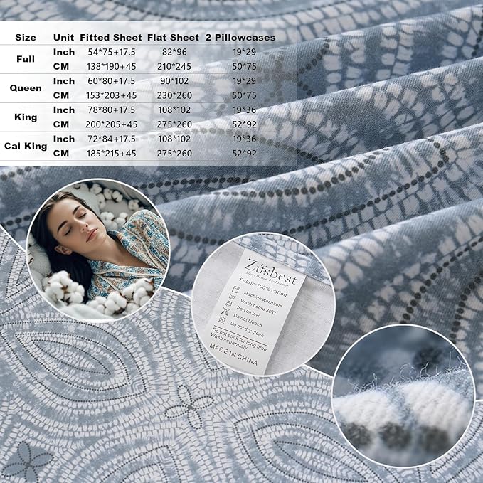 Zusbest King Size Sheets 100% Percale Cotton Grey Bed Sheet Set, Brushed Extra Softness, Breathable Luxury Flannel Like Sheets Modern Classic Navy Printed Deep Pocket Bed Set 17.5'' 4 Pcs