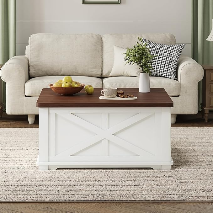 Airynee Farmhouse Coffee Table, 31.5" Lift Top Coffee Table with Storage, Square Coffee Tables for Living Room, Wooden Coffee Tables with Brown Flip-Top Lids for Home Office, White