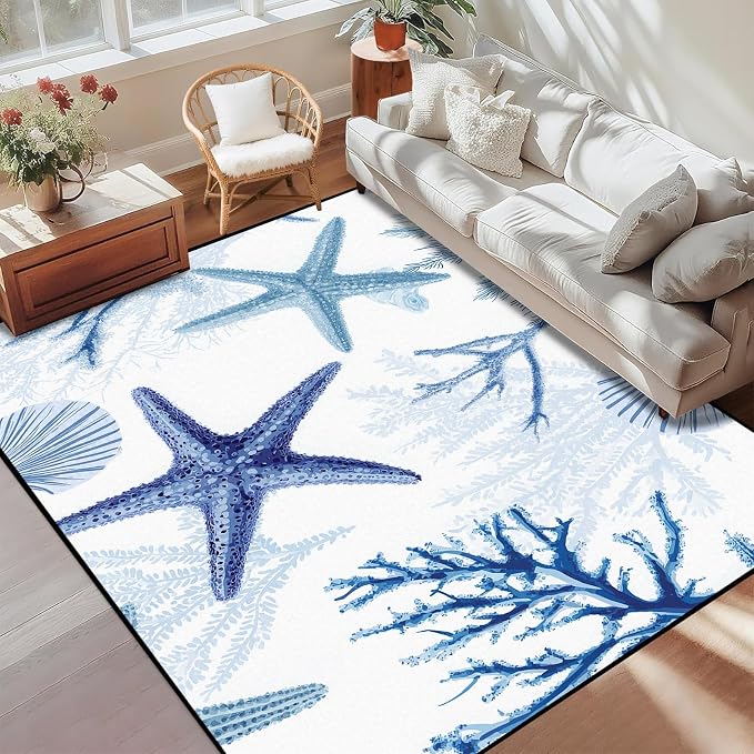 Coastal Starfish Rug 4'x6' Blue Ocean Area Rug Coral Seashell Floor Mat Washable Low Pile Carpet for Bedroom Living Room Kitchen Nursery Playroom Home Decor