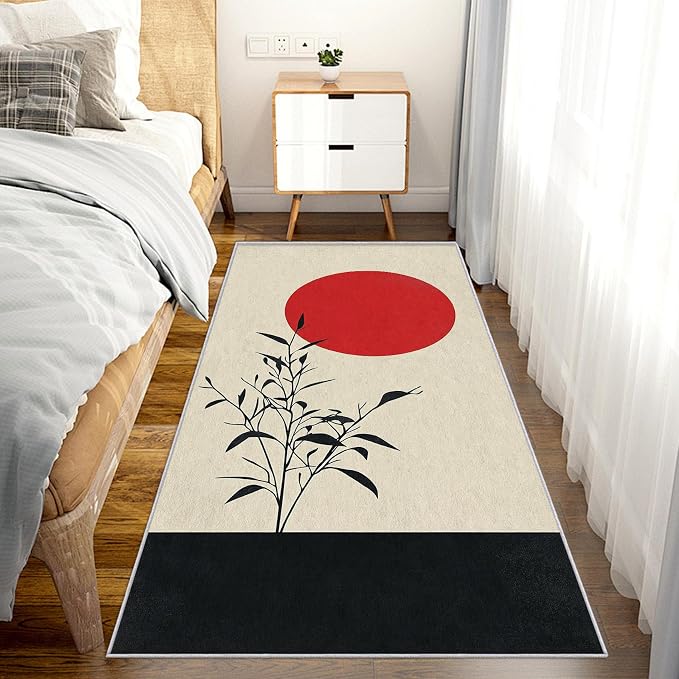 Japanese Runner Rug 2x8, Black and Grey Red Sun Design, Zen Asian Area Rug Washable Hallway Rugs Non-Slip Floor Carpet Runner for Bedroom, Narrow Hallway, Kitchen Aisle