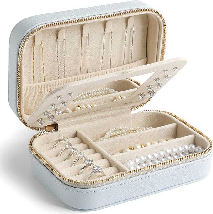 Genuine Leather Travel Jewelry Organizer Case with Mirror for Women, Small Mini Portable Jewelry Box for Ring Earrings Necklace Bracelet Luxury Gift for Women（Light Blue）