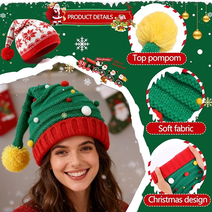 8PCS Christmas Knitted Hat and Santa Scarf Set, Elf Hat Crochet Christmas Scarf, Xmas Party Hats with Pompom, Knitted Caps for Adult Teens XAMS Photo Booth Props XAMS Gift Xmas Costume Accessories