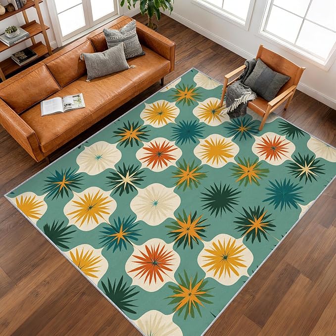 Mid Century Modern Rugs for Living Room Decor, 6x8 ft, Retro Geometric Flower Area Rugs for Bedroom, Soft Non Slip Washable 70s MCM Atomic Carpet Home Decorations D-g48