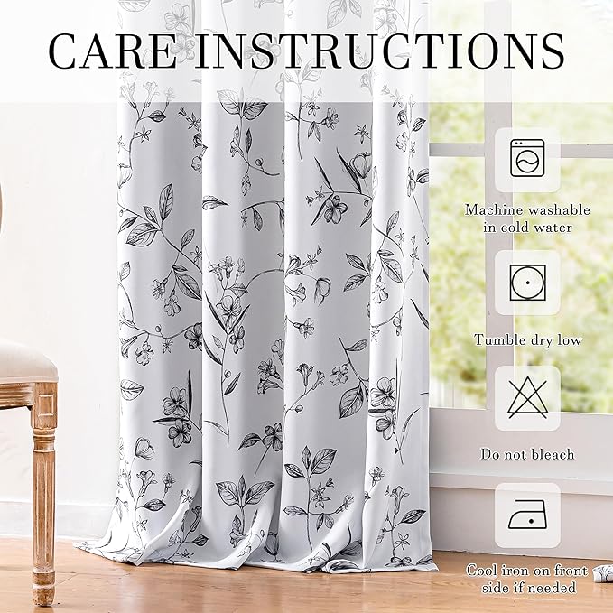 ChrisDowa 100% Blackout Floral Curtains 72 Inches Long 2 Panels for Bedroom Living Room Black Flower Patterned Room Darkening Thermal Insulated Soundproof Grommet Window Treatments Drapes,52X72