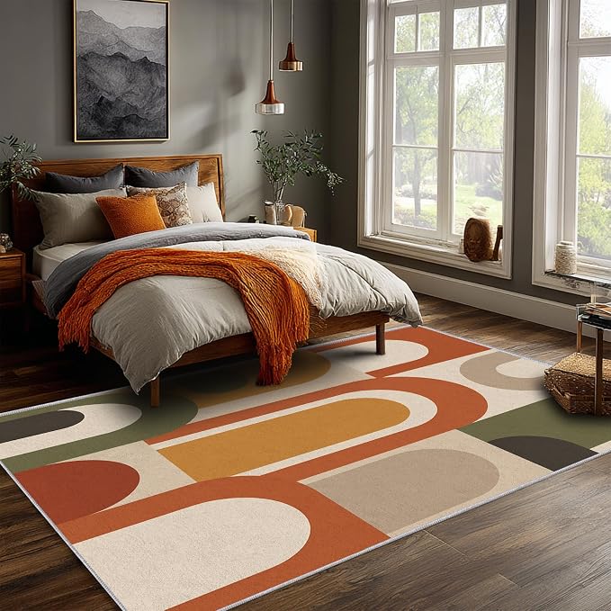 Mid Century Arch Area Rug 3x5, Terracotta Geometric Abstract Rug, Retro Modern Color Block Washable Low Pile Non Slip Rug for Living Room Bedroom