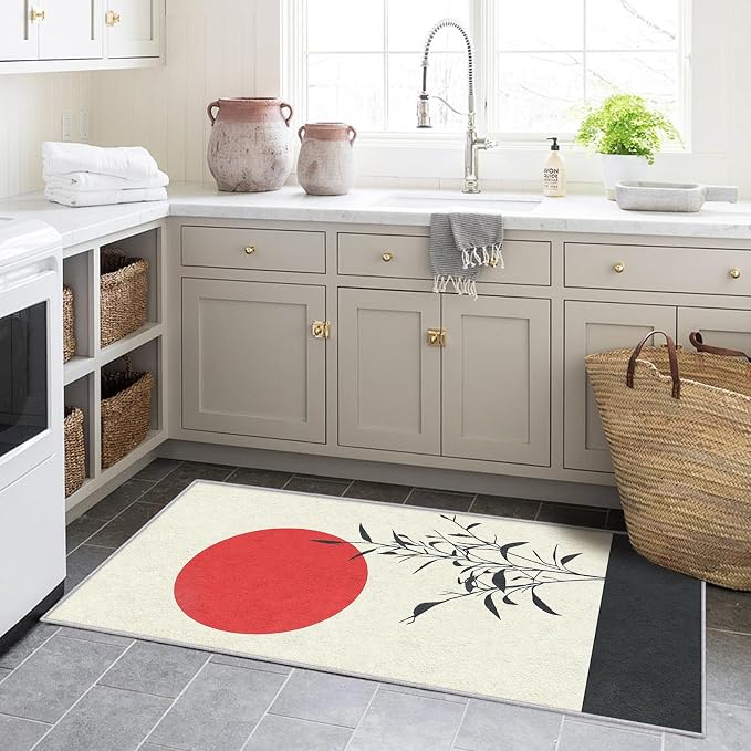 Japanese Runner Rug 4x8, Black and Grey Red Sun Design, Zen Asian Area Rug, Washable Non-Slip Floor Carpet Runner for Bedroom, Dining Room, Living Room Aisle