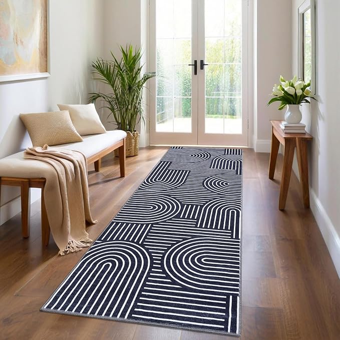 GAOMON Washable 2x6 Abstract Lines Rug Runners Non Slip Bathroom Rugs Non Shedding Blue Rug Low Pile Soft Bedside Rugs Modern Rainbow Runner for Hallway Porch Laundry Room Dining Table Under, Blue