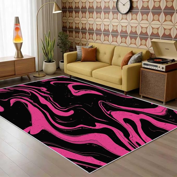 70s Rug 5x8 Retro Black Pink Abstract Hippie Pattern Area Rugs for Living Room, Bedroom, 70s Home Decor Accessories Indoor Carpet, Non Slip & Machine Washable, GD0387